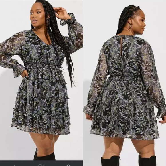 Torrid Mini Lurex Chiffon Tiered Dress sz 1X floral ruffle metallic grunge fairy - Picture 1 of 14